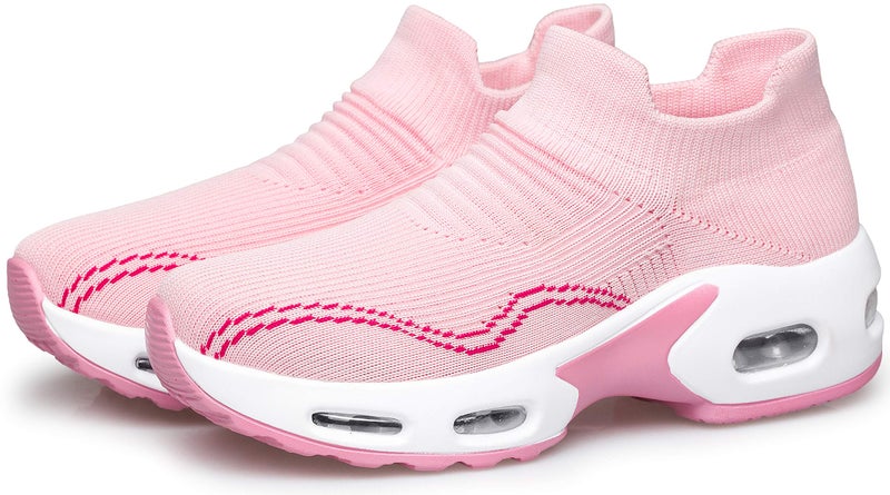 DOUSSPRT Womens Walking Shoes Slip on Sock Sneakers Lady Girls Nurse Mesh Air Cushion Platform Loafers Fashion Casual Confort Pink US Size 8 - Image 4